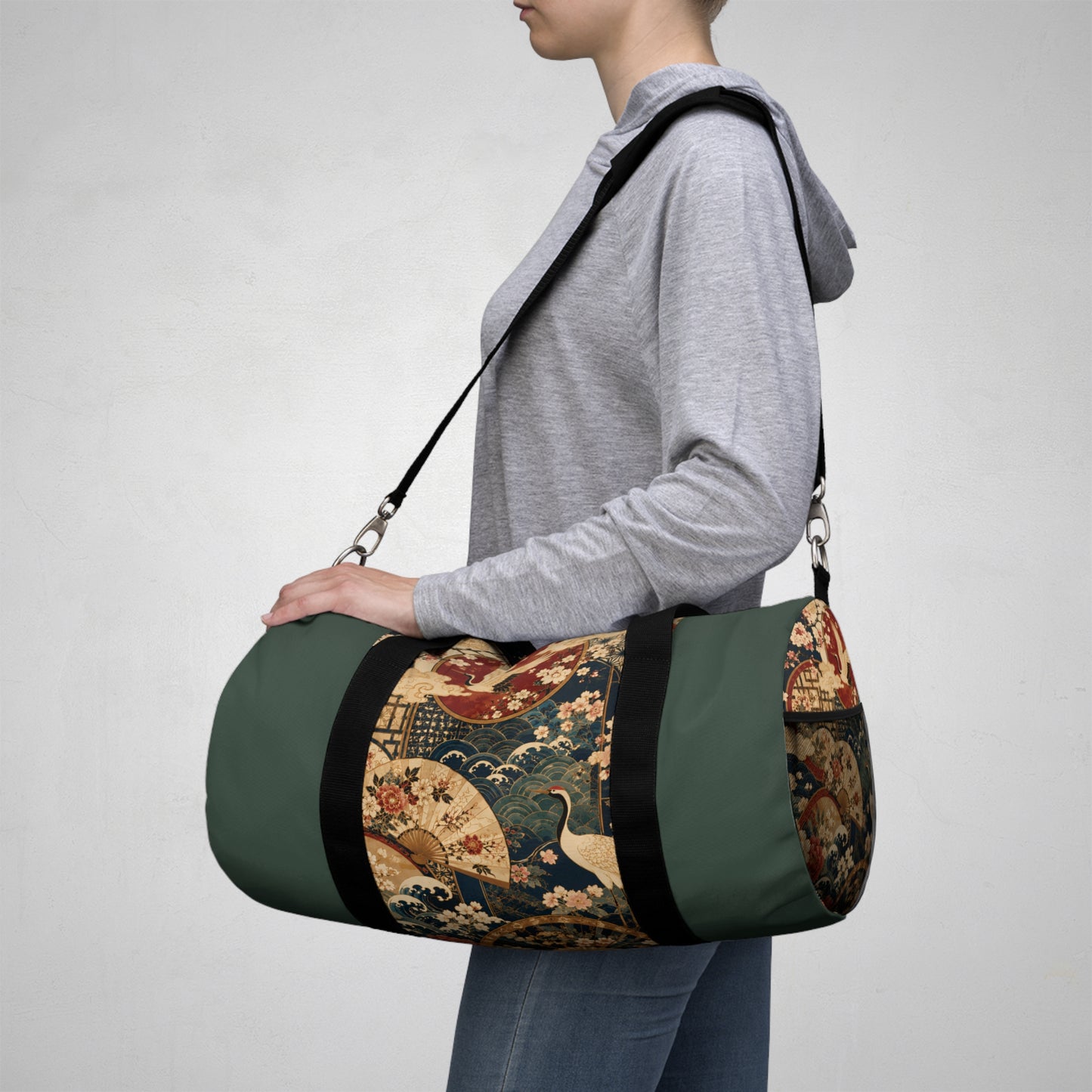 East Asian Floral Crane Sage Green Duffel Gym Bag