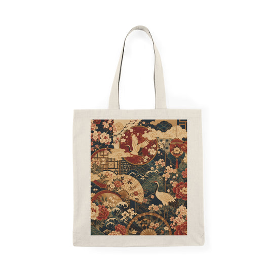 100% Natural Cotton East Asian Floral Crane Tote Bag