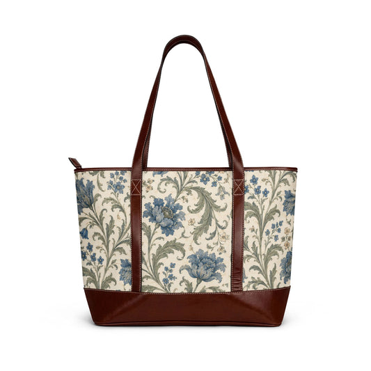 William Morris Floral Blue Damask Leather Trim Shoulder Tote Bag