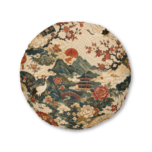 East Asian Landscape Round Tufted Floor Pillow