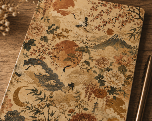 Vintage Japanese Crane Landscape Painting Hardcover Journal