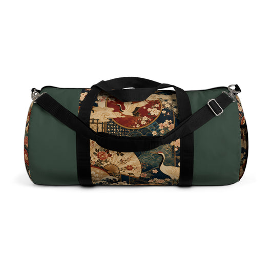 East Asian Floral Crane Sage Green Duffel Gym Bag
