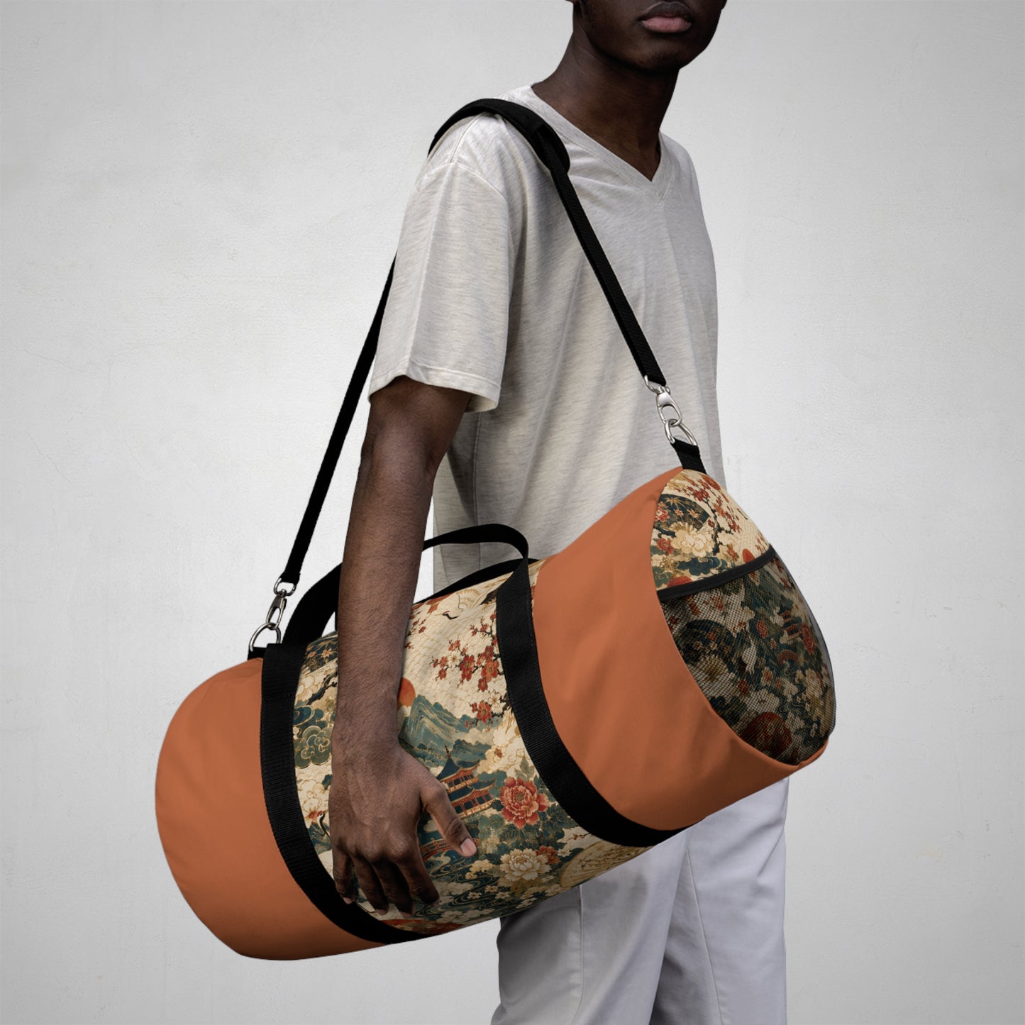 East Asian Vintage Landscape Papaya Orange Duffel Gym Bag