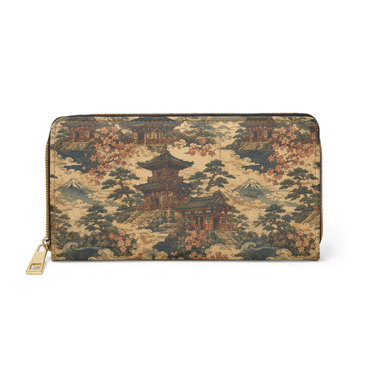 Vintage Japanese Temple Painting Zipper Wallet