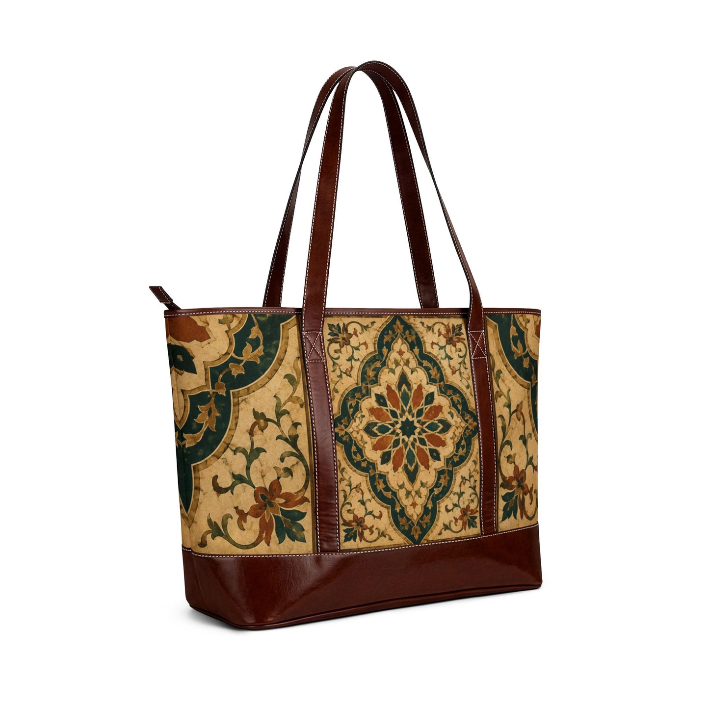 Vintage Moroccan Ornate Tile Handbag Leather Trim