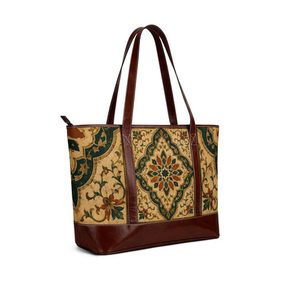 Vintage Moroccan Ornate Tile Handbag Leather Trim