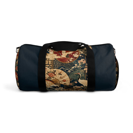 East Asian Floral Crane Navy Blue Duffel Gym Bag