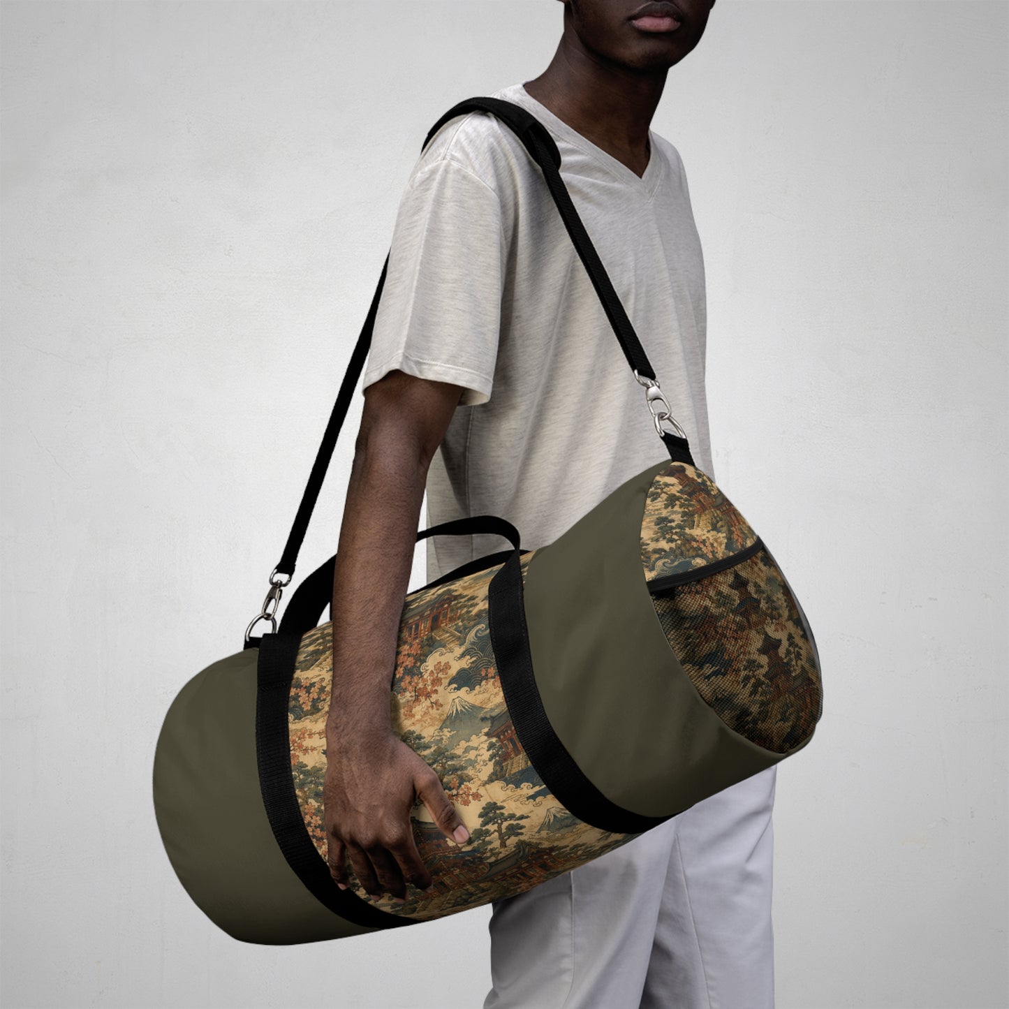 Vintage Japanese Military Green Temple Painting Duffel Gym Bag