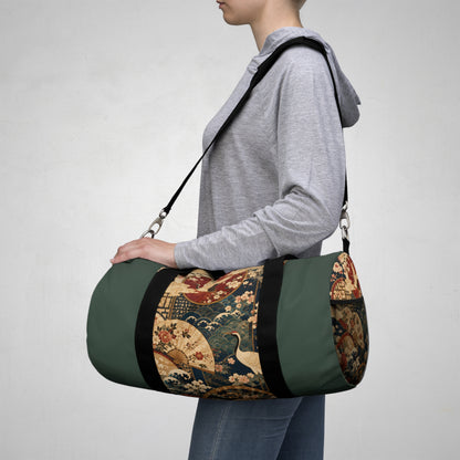 East Asian Floral Crane Sage Green Duffel Gym Bag