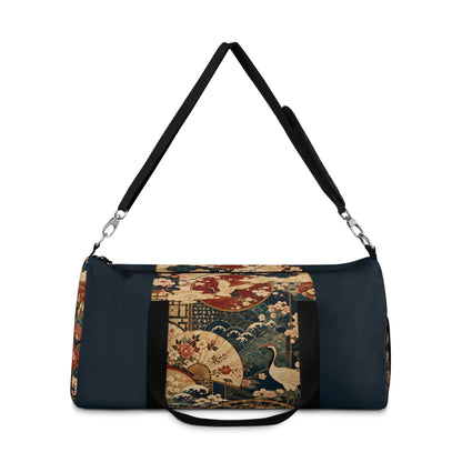 East Asian Floral Crane Navy Blue Duffel Gym Bag