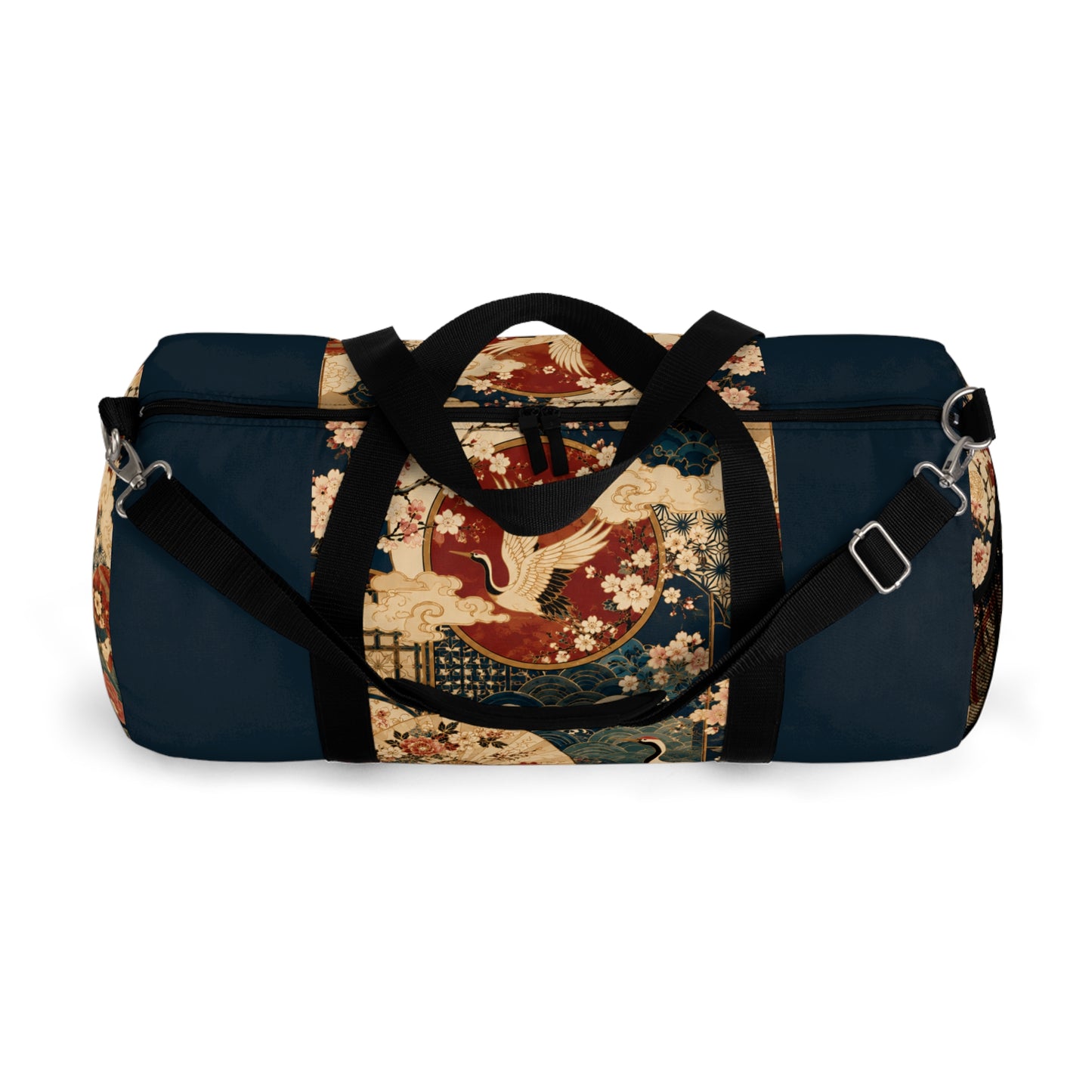 East Asian Floral Crane Navy Blue Duffel Gym Bag