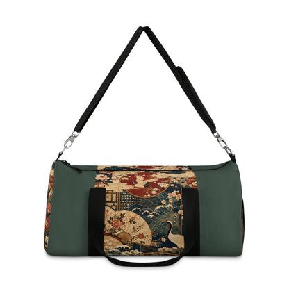 East Asian Floral Crane Sage Green Duffel Gym Bag