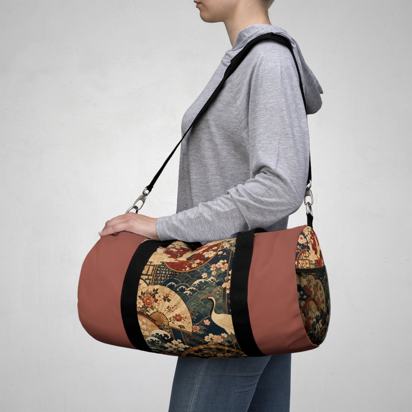 East Asian Floral Crane Salmon Rose Duffel Gym Bag