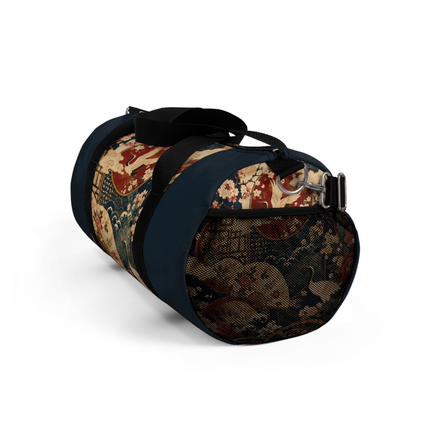 East Asian Floral Crane Navy Blue Duffel Gym Bag