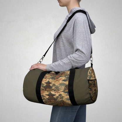 Vintage Japanese Military Green Temple Painting Duffel Gym Bag