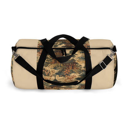 Vintage Japanese Honey Beige Temple Painting Duffel Gym Bag