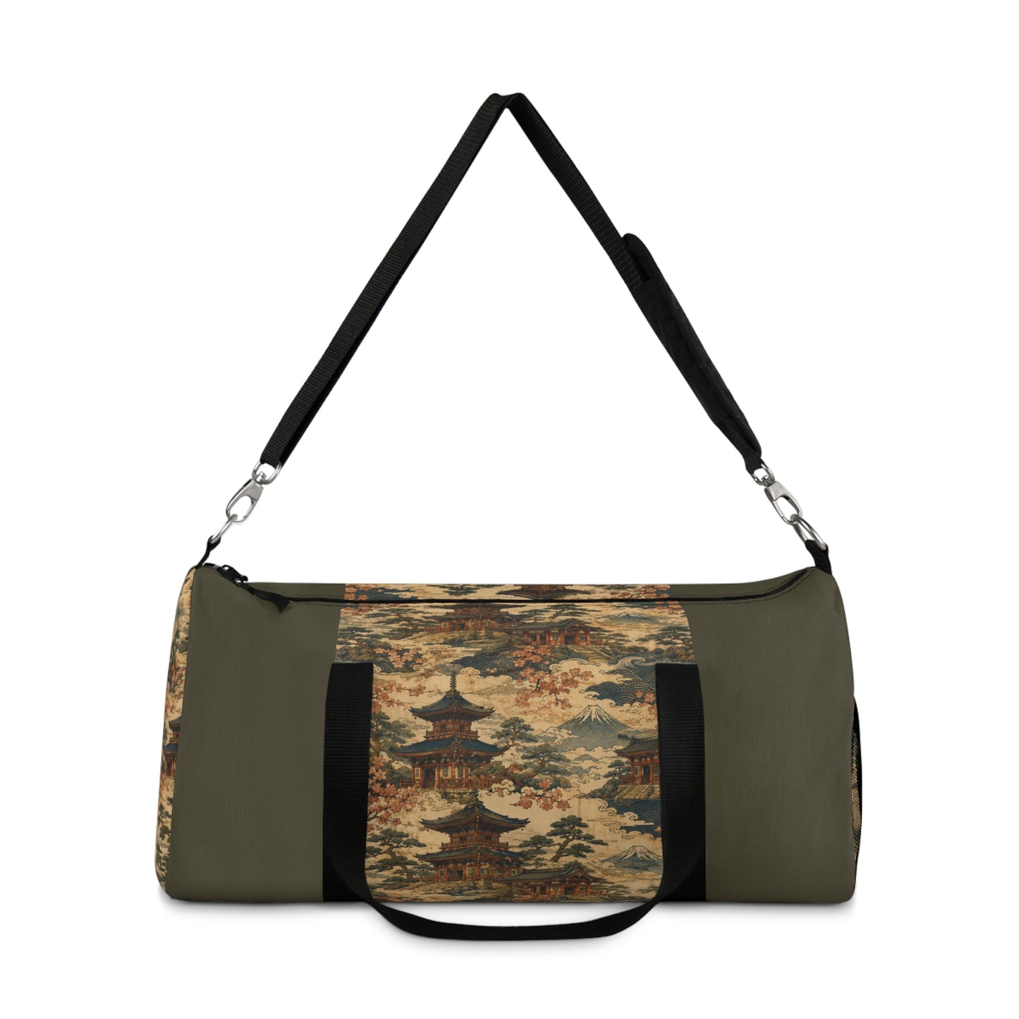 Vintage Japanese Military Green Temple Painting Duffel Gym Bag