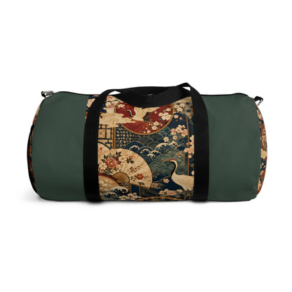 East Asian Floral Crane Sage Green Duffel Gym Bag