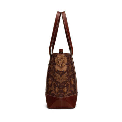 William Morris Floral Damask Rose Leather Trim Shoulder Tote Bag