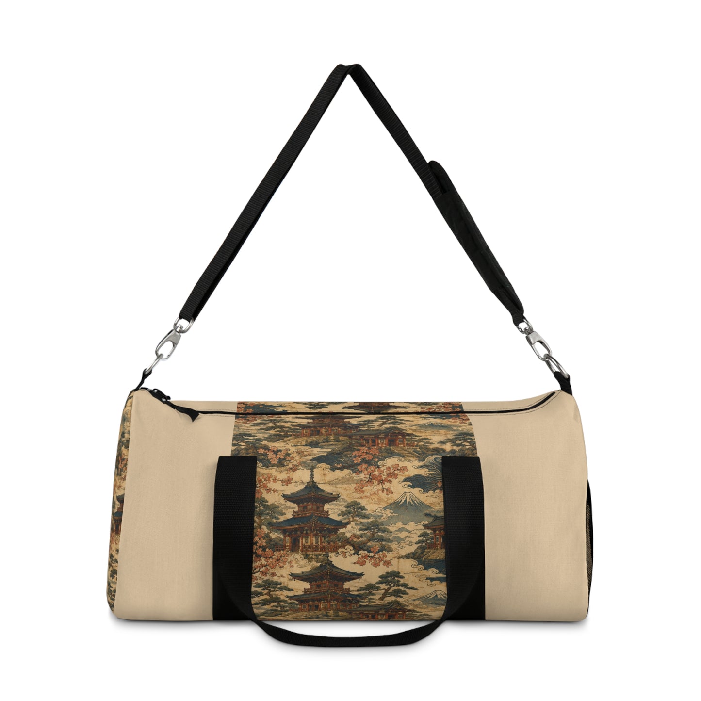 Vintage Japanese Honey Beige Temple Painting Duffel Gym Bag