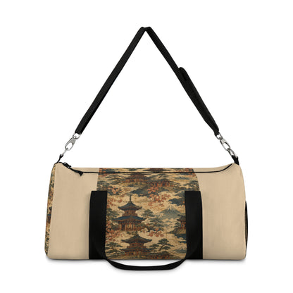 Vintage Japanese Honey Beige Temple Painting Duffel Gym Bag