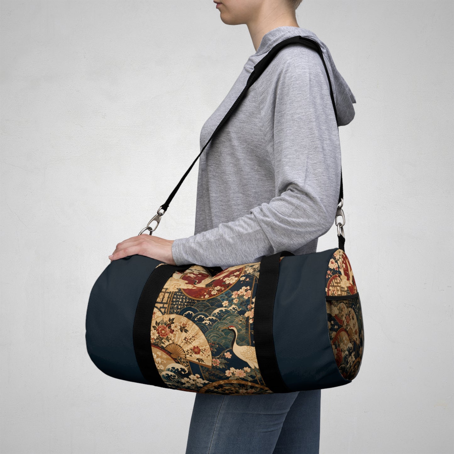 East Asian Floral Crane Navy Blue Duffel Gym Bag
