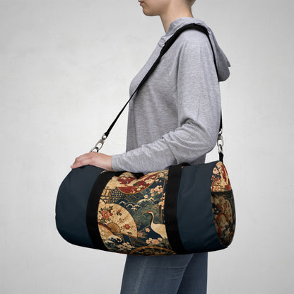 East Asian Floral Crane Navy Blue Duffel Gym Bag