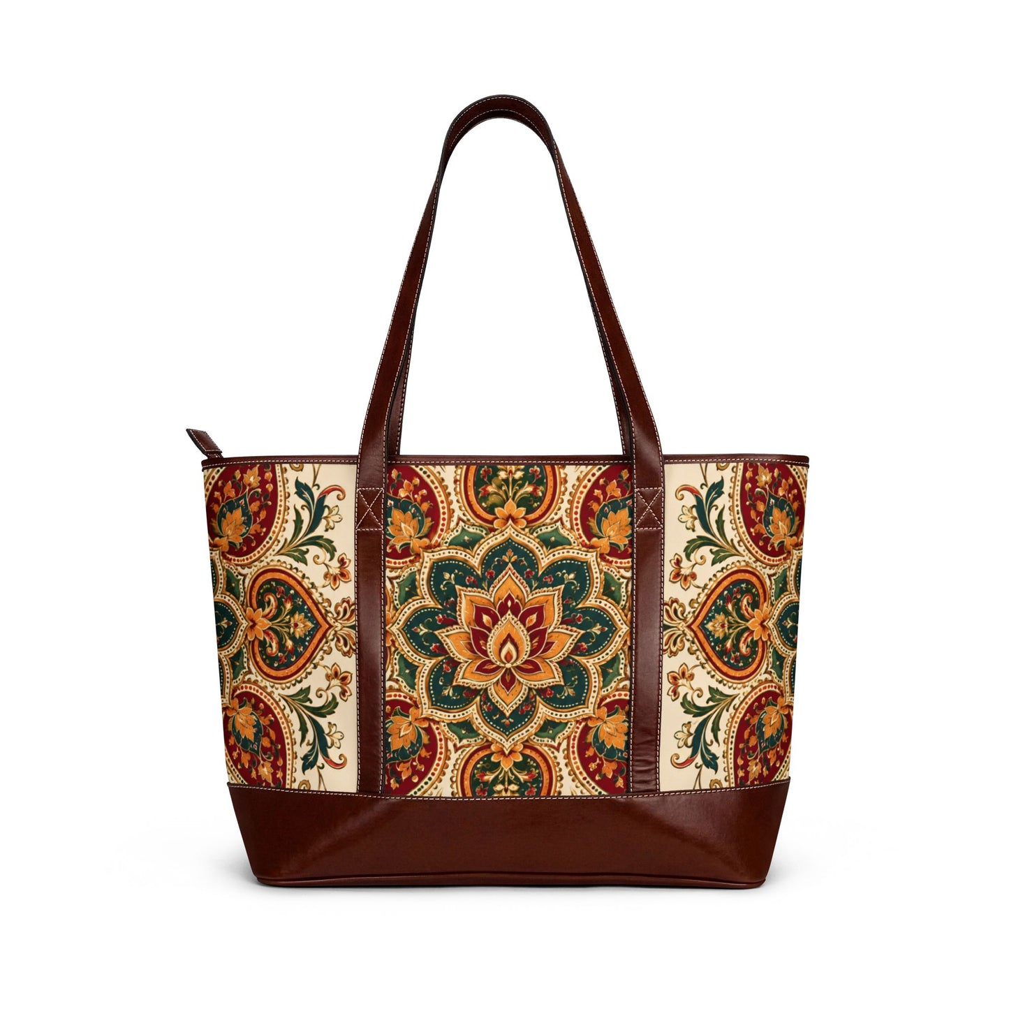 Indian Vintage Floral Mandala Leather Trim Shoulder Tote Bag