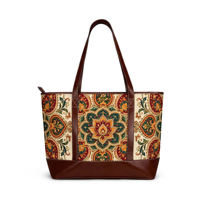 Indian Vintage Floral Mandala Leather Trim Shoulder Tote Bag