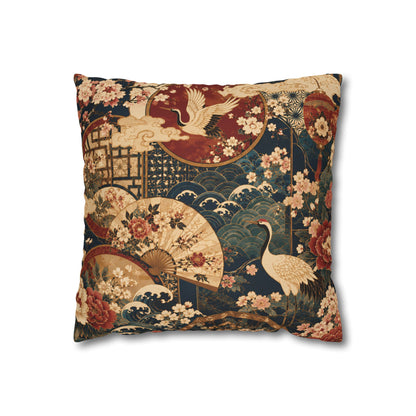 East Asian Floral Crane Pillow Case