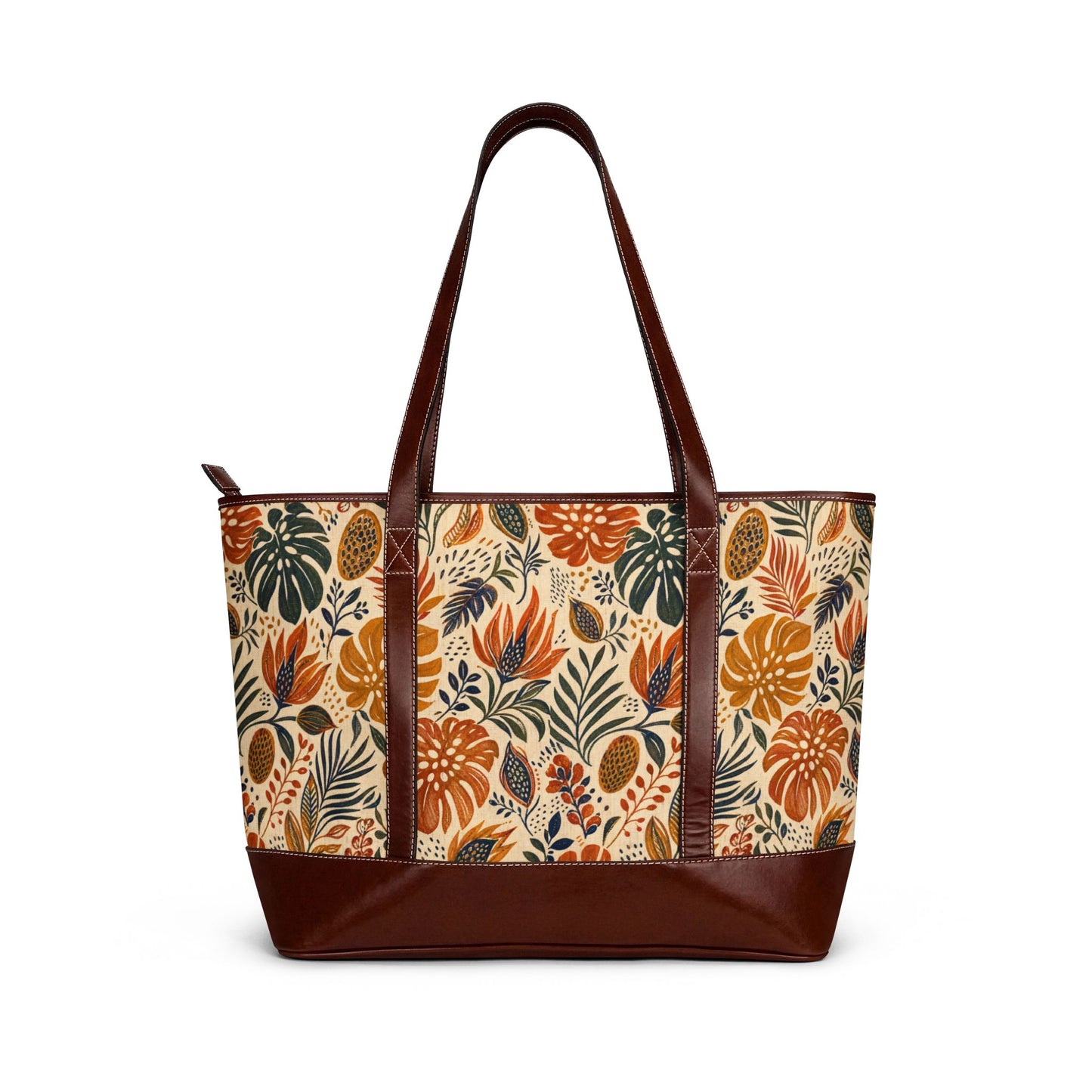 African Botanical Palm Leather Trim Shoulder Tote Bag