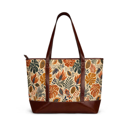 African Botanical Palm Leather Trim Shoulder Tote Bag