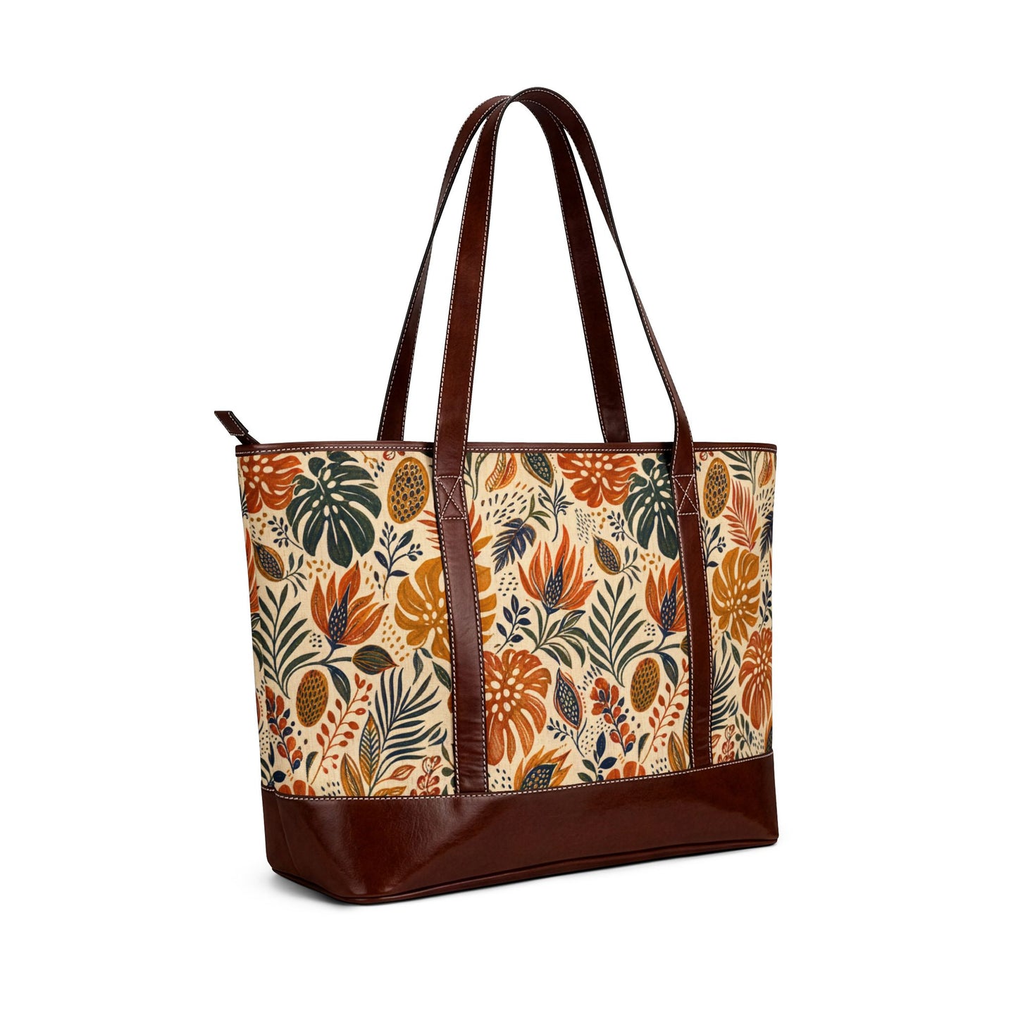 African Botanical Palm Leather Trim Shoulder Tote Bag