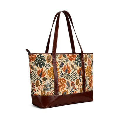 African Botanical Palm Leather Trim Shoulder Tote Bag