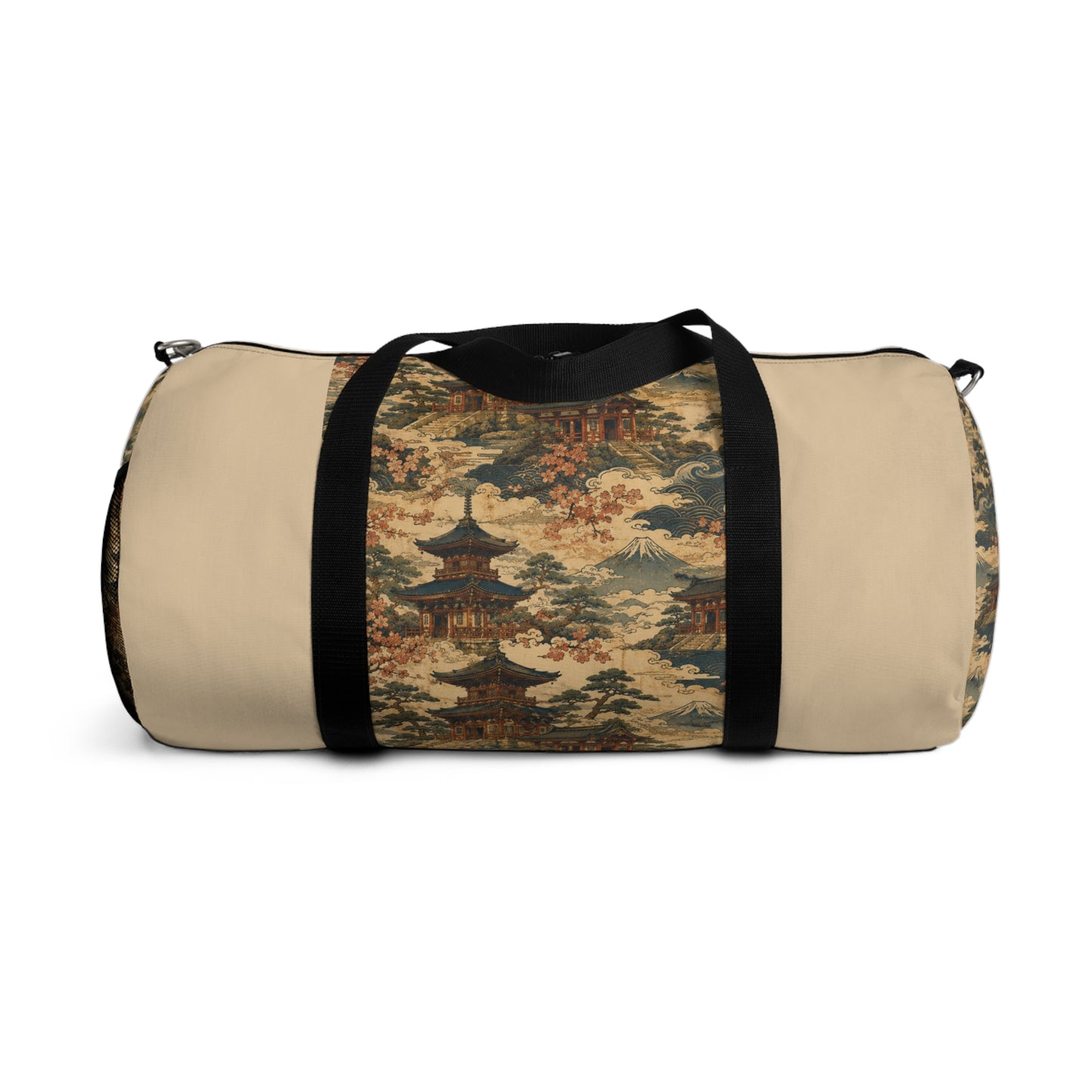 Vintage Japanese Honey Beige Temple Painting Duffel Gym Bag