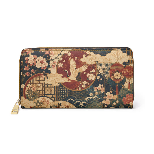 East Asian Floral Crane Zipper Wallet