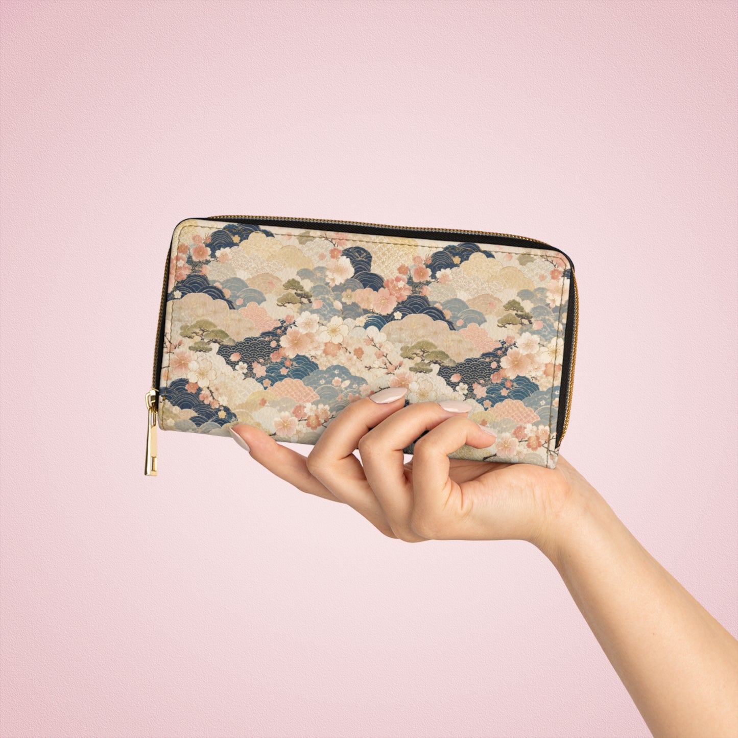 Vintage Japanese Blossom Wave Zipper Wallet