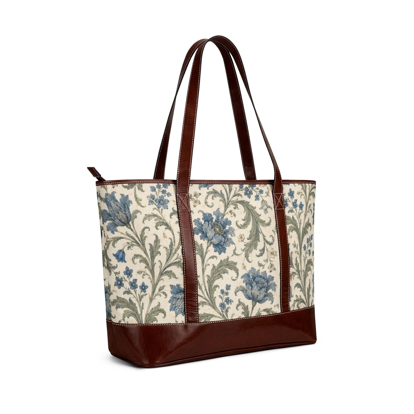 William Morris Floral Blue Damask Leather Trim Shoulder Tote Bag
