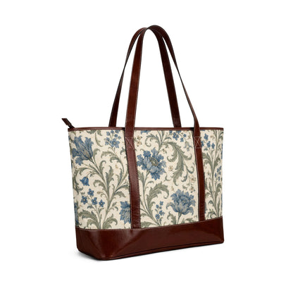William Morris Floral Blue Damask Leather Trim Shoulder Tote Bag