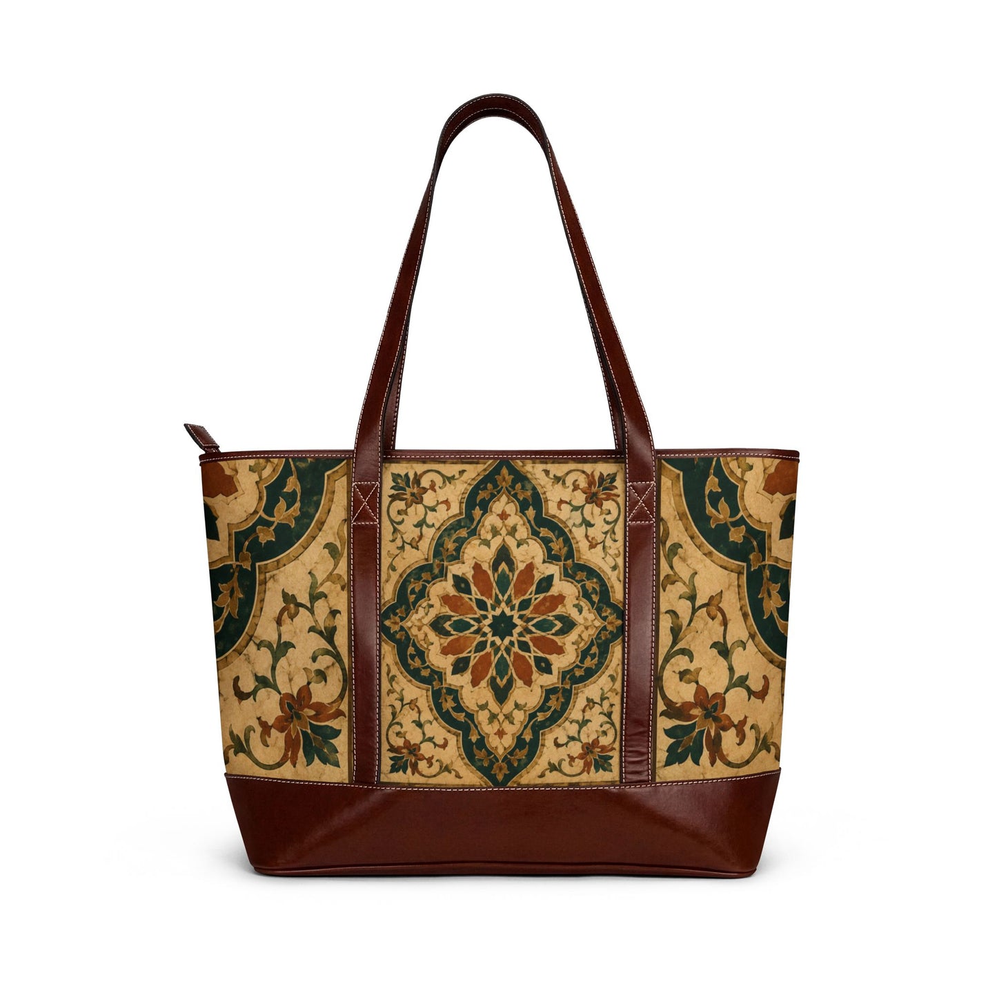 Vintage Moroccan Ornate Tile Handbag Leather Trim