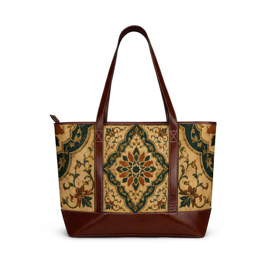 Vintage Moroccan Ornate Tile Handbag Leather Trim