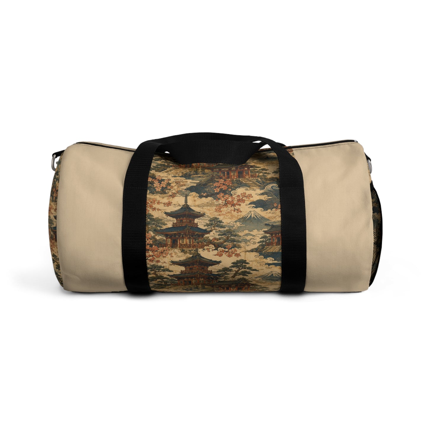 Vintage Japanese Honey Beige Temple Painting Duffel Gym Bag