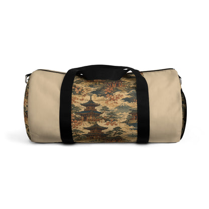 Vintage Japanese Honey Beige Temple Painting Duffel Gym Bag