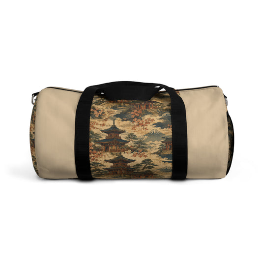 Vintage Japanese Honey Beige Temple Painting Duffel Gym Bag