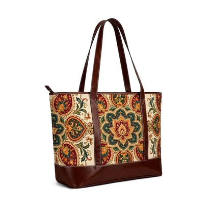 Indian Vintage Floral Mandala Leather Trim Shoulder Tote Bag