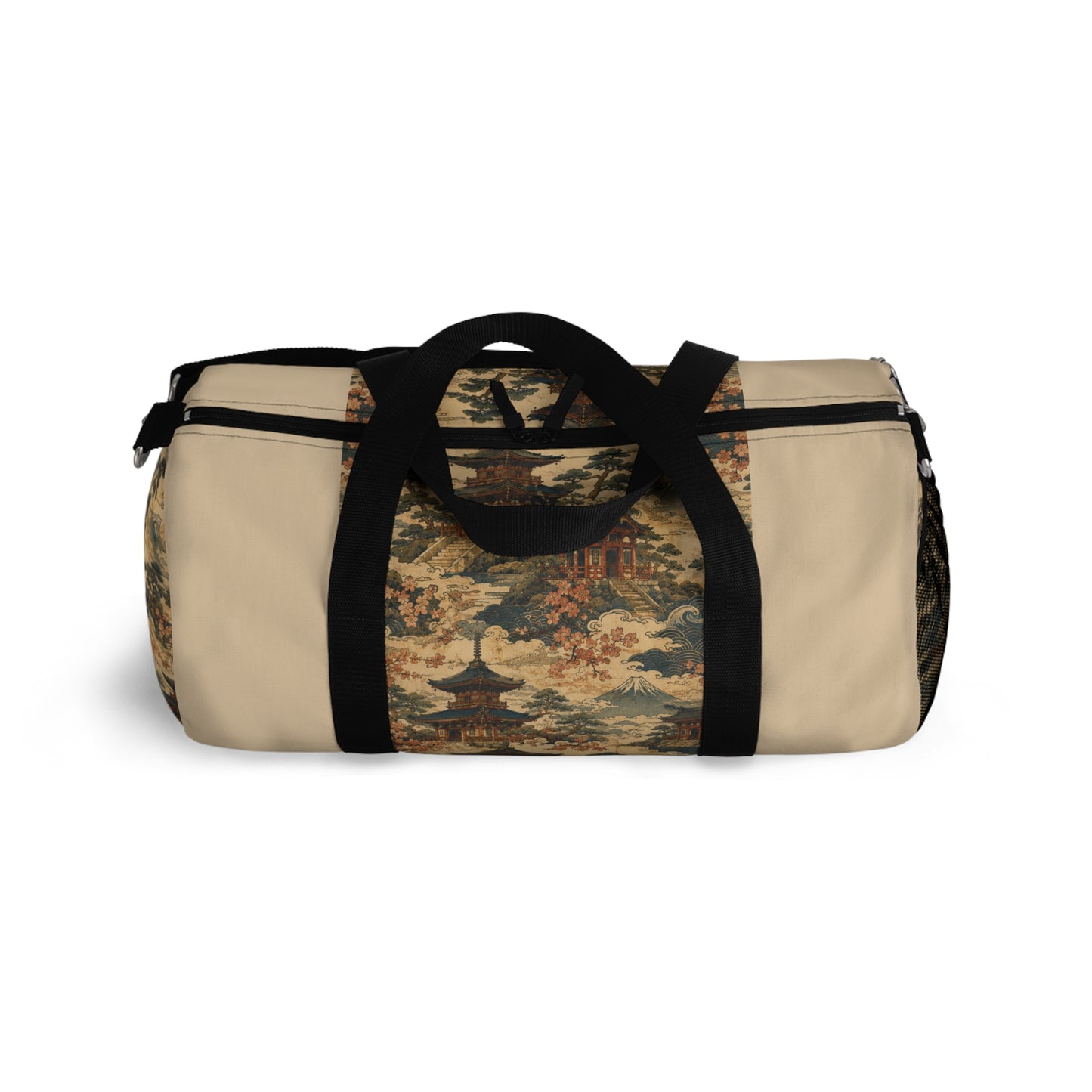 Vintage Japanese Honey Beige Temple Painting Duffel Gym Bag