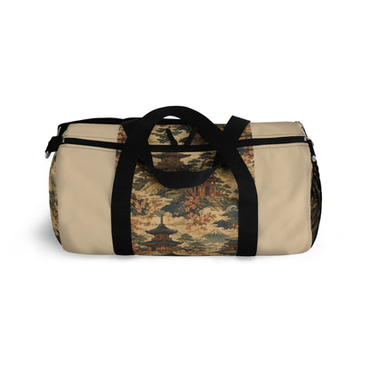 Vintage Japanese Honey Beige Temple Painting Duffel Gym Bag