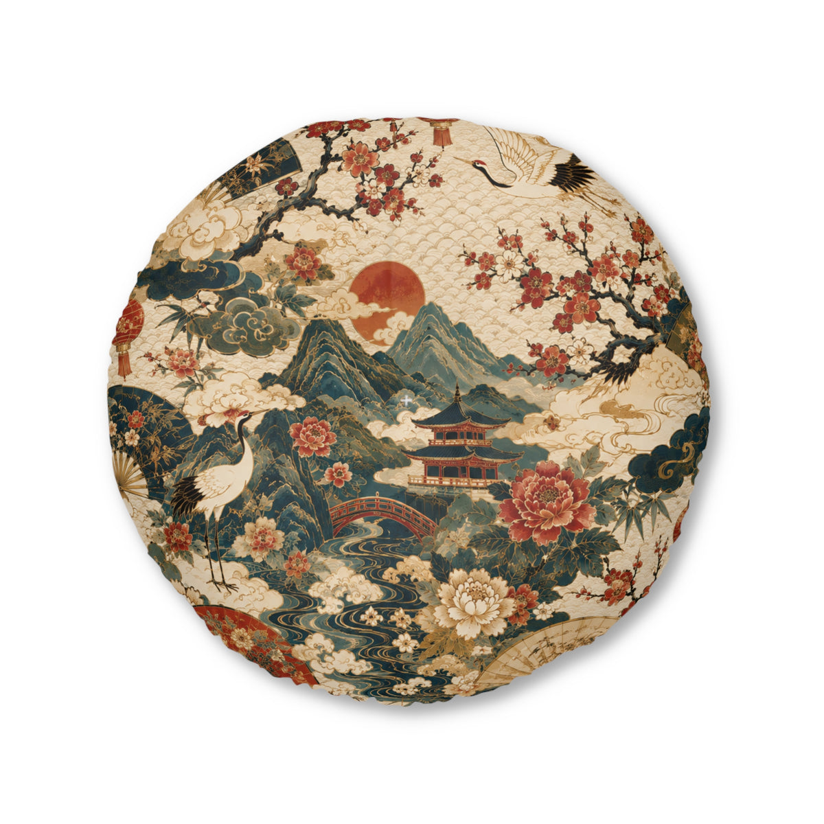 East Asian Landscape Round Tufted Floor Pillow