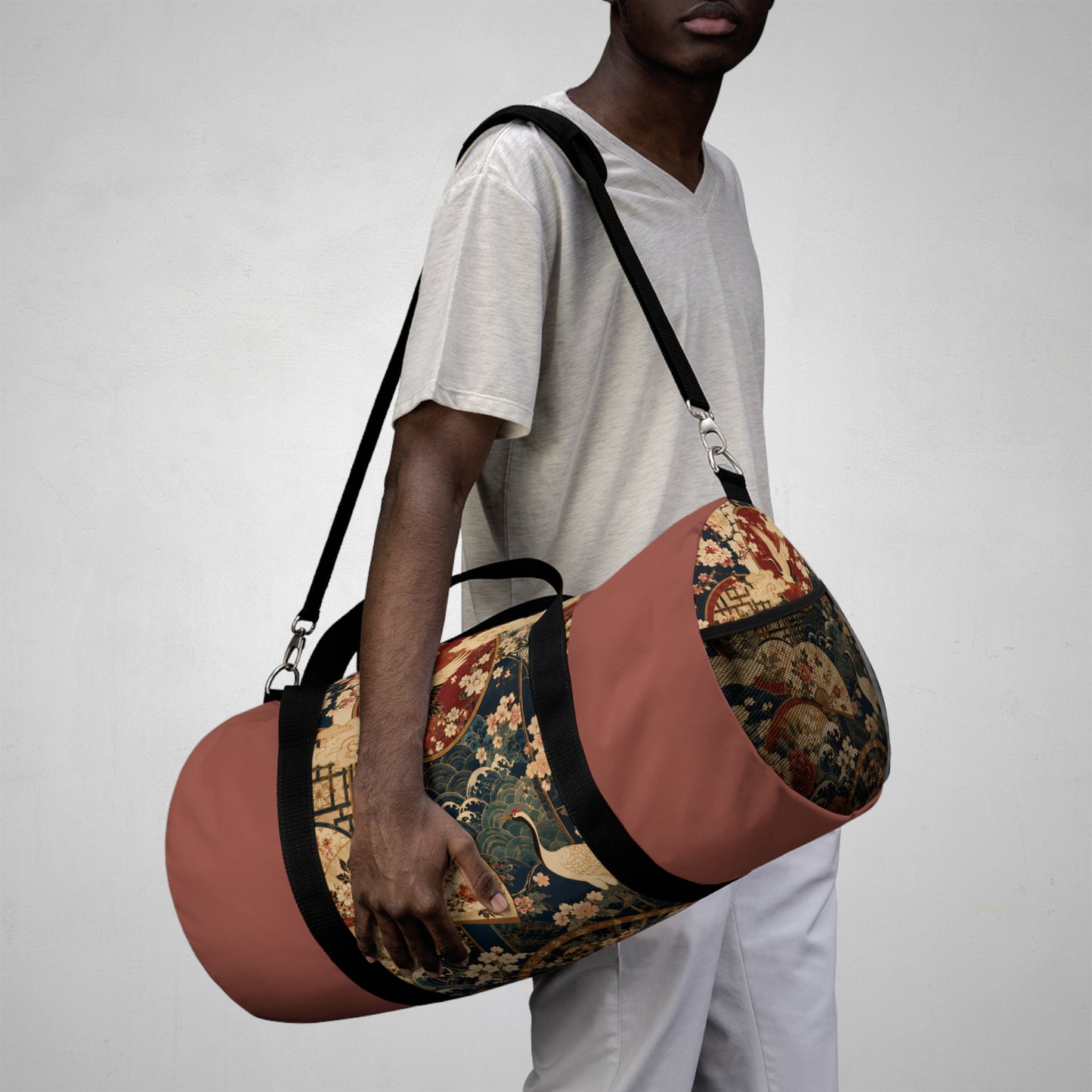 East Asian Floral Crane Salmon Rose Duffel Gym Bag