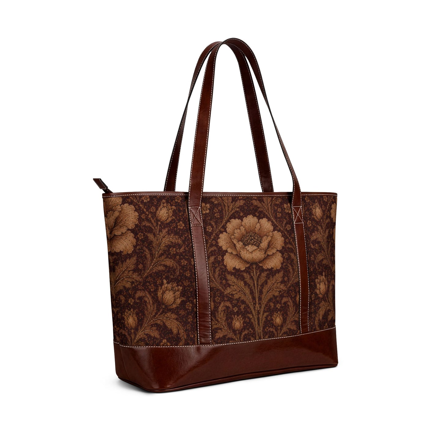 William Morris Floral Damask Rose Leather Trim Shoulder Tote Bag